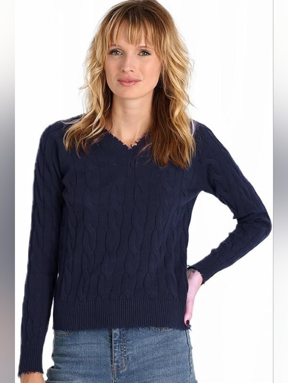 Minnie Rose 100% Cotton Frayed Sweater, Large, Navy, V-neck, Cable Knit Slim Fit